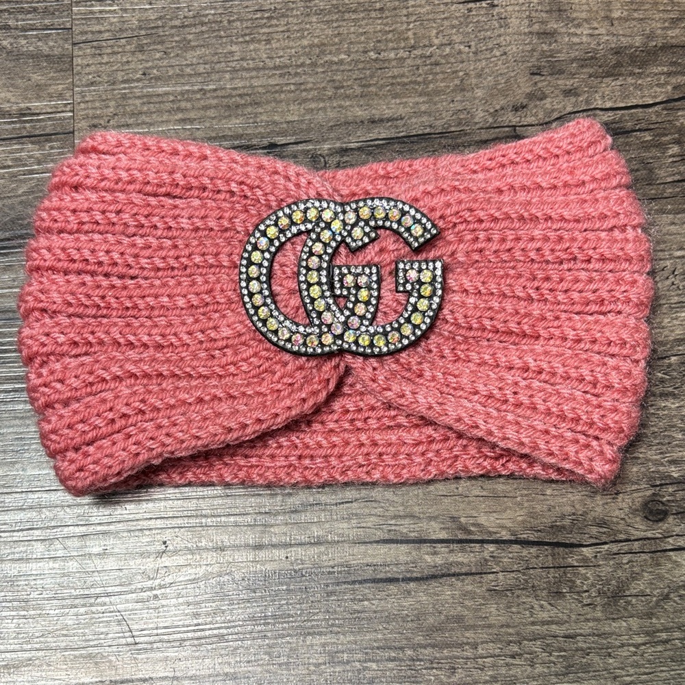Mauve Pink Knit Headband with Embellished Logo